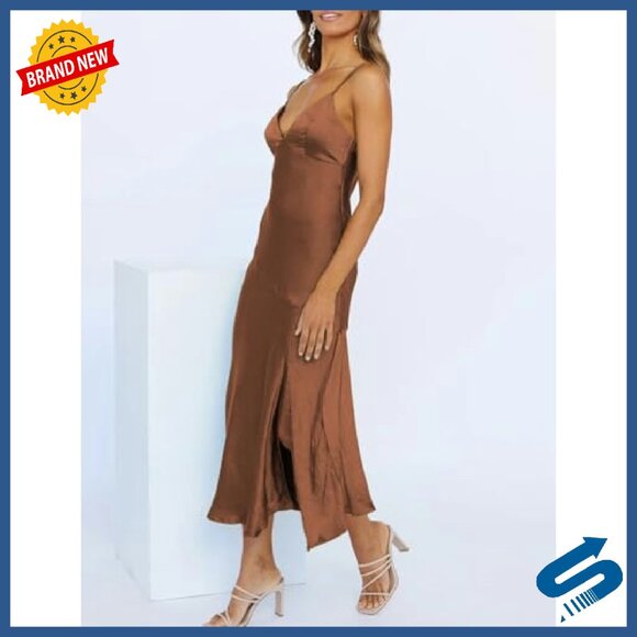 Satin V-Neck Midi Dress with Spaghetti Straps & Backless Design - Picture 4 of 7